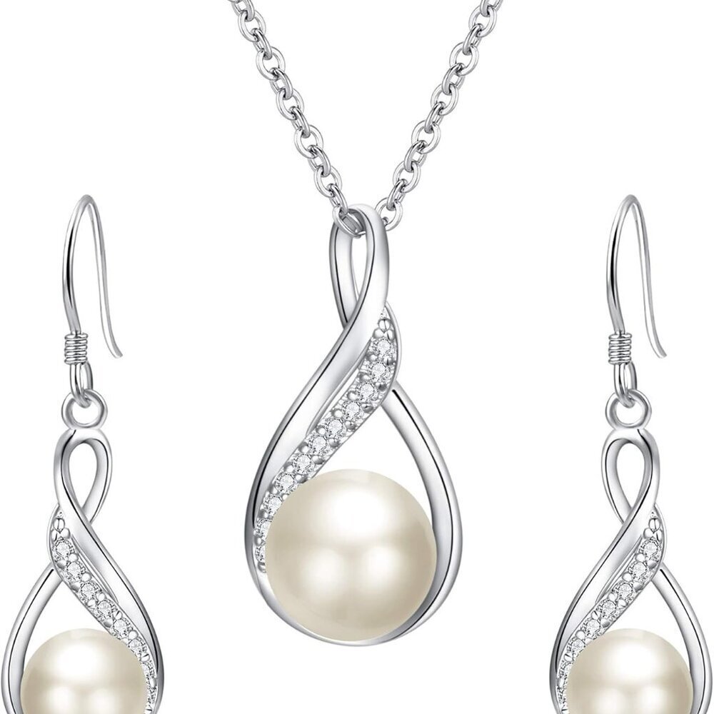 Sterling Silver Pearl Jewelry Set Necklace Earrings Bridal Gift